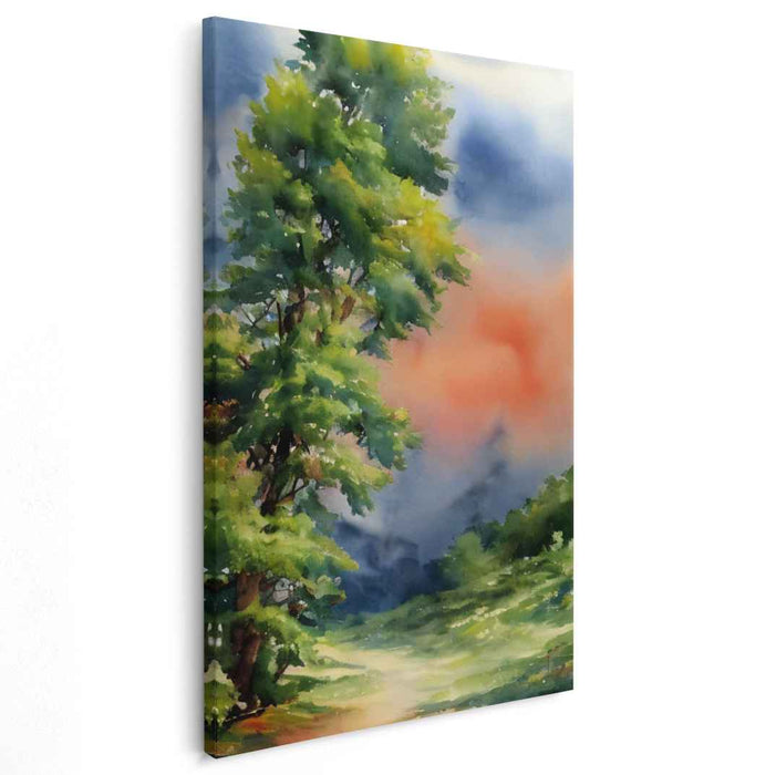 Tranquil Waterscape Serenade: Serene Landscape Watercolor Canvas Art Print