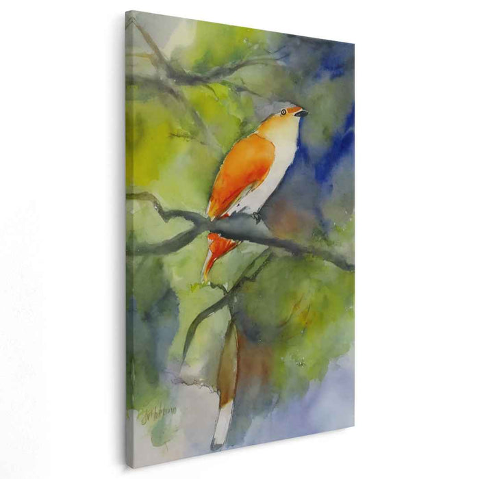 Tranquil Perch: Watercolor Bird in Vibrant Orange and Serene Greens