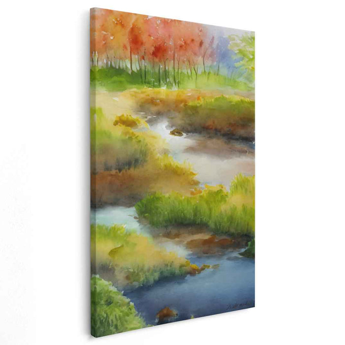 Rainbow Misty Hills: Impressionist Watercolor Landscape Canvas Art Print