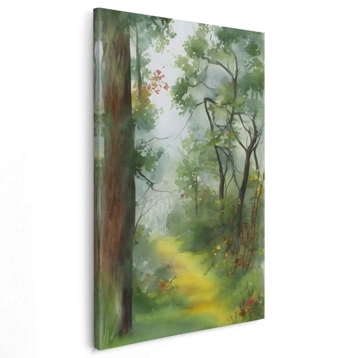 Misty Forest Pathway: Tranquil Watercolor Landscape
