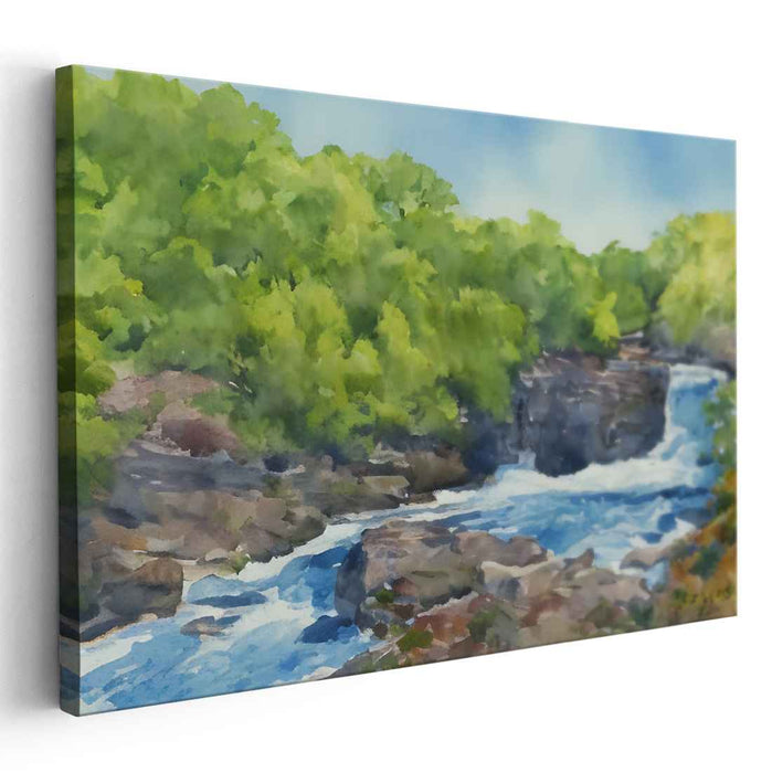 Torrential Tranquility: Lush Greenery and Rocky Streams Watercolor Landscape