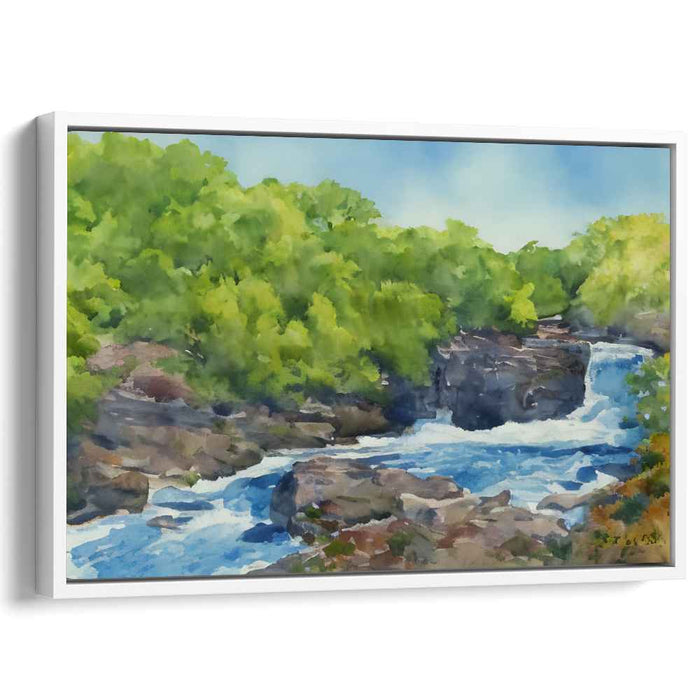 Torrential Tranquility: Lush Greenery and Rocky Streams Watercolor Landscape