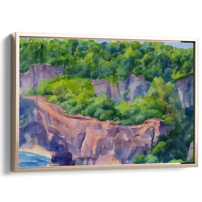 Verdant Cascades Horizon: Lush Greenery Over Rocky Terrains Watercolor Landscape