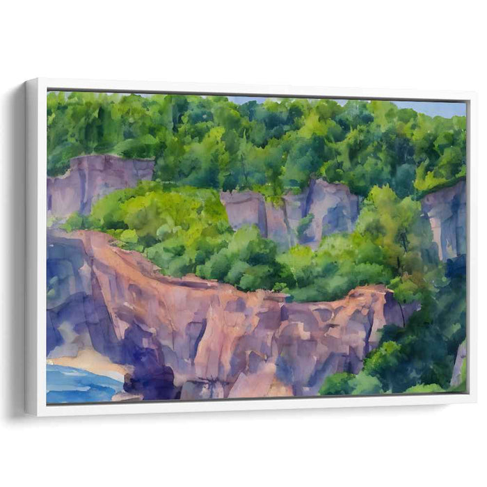 Verdant Cascades Horizon: Lush Greenery Over Rocky Terrains Watercolor Landscape