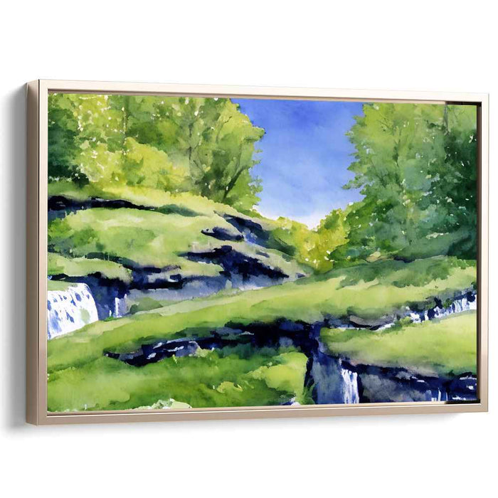 Serene Green Valley: Watercolor Landscape Art Print