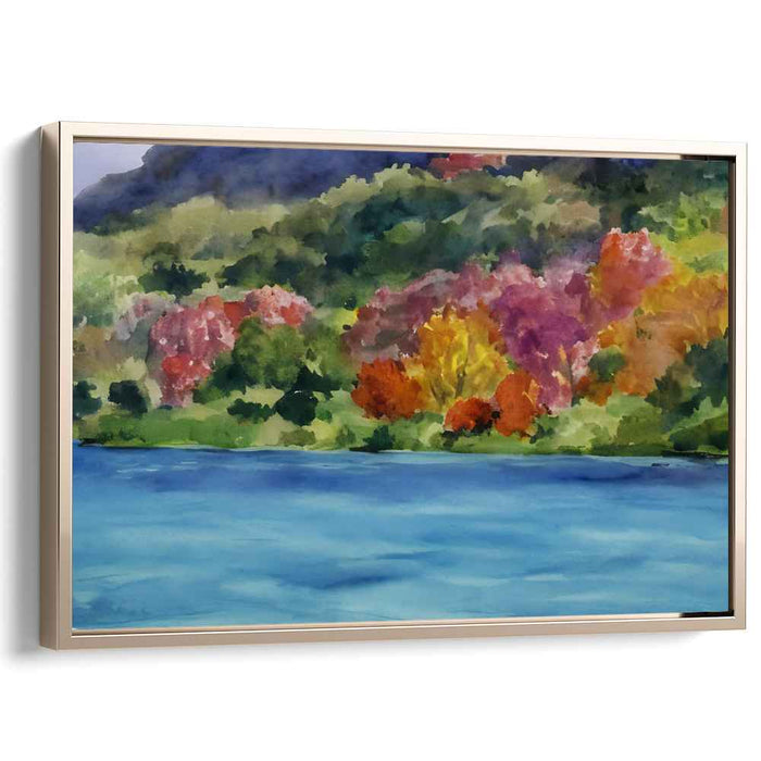 Tranquil Shoreline Tapestry: Serene Autumn Lakeside Watercolor Landscape