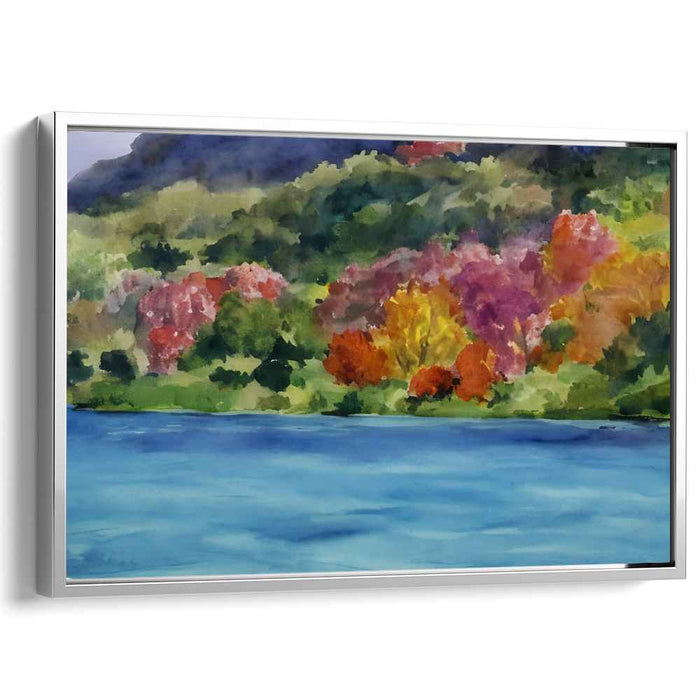 Tranquil Shoreline Tapestry: Serene Autumn Lakeside Watercolor Landscape