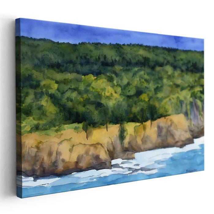 Verdant Slopes: Lush Greenery and Rocky Shores Watercolor Painting