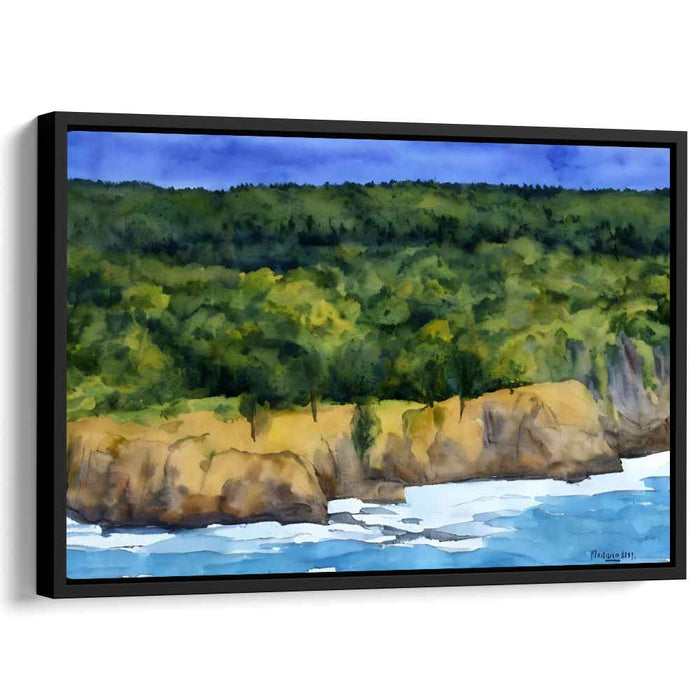 Verdant Slopes: Lush Greenery and Rocky Shores Watercolor Painting