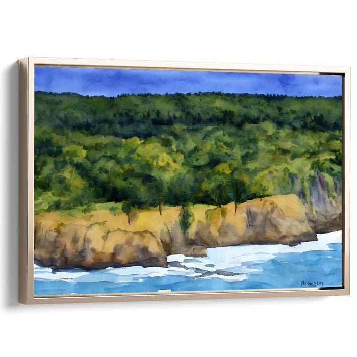 Verdant Slopes: Lush Greenery and Rocky Shores Watercolor Painting