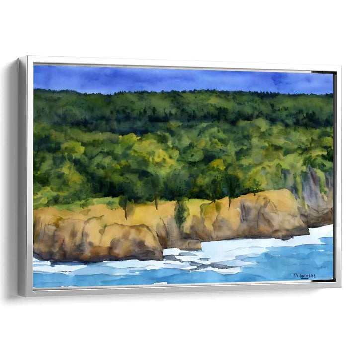 Verdant Slopes: Lush Greenery and Rocky Shores Watercolor Painting