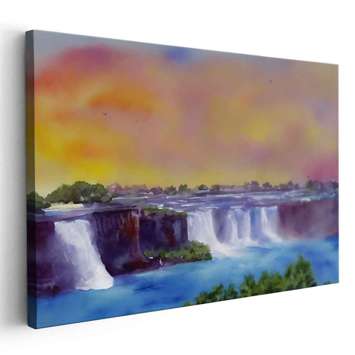 Sunset Cascade Symphony: Watercolor Waterfall at Sunset Canvas Art