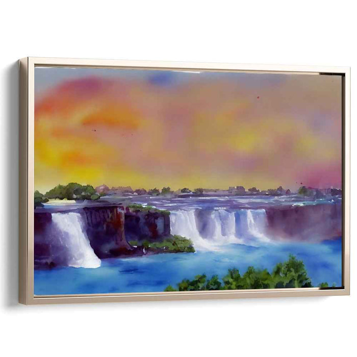 Sunset Cascade Symphony: Watercolor Waterfall at Sunset Canvas Art