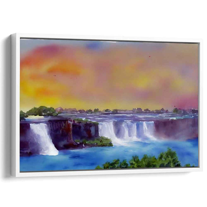 Sunset Cascade Symphony: Watercolor Waterfall at Sunset Canvas Art