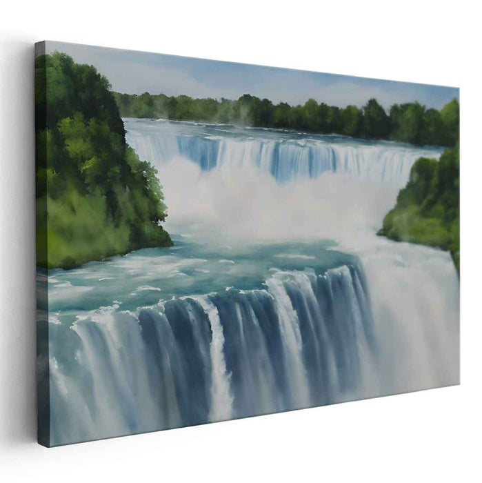 Whispers of Emerald Cascade: Serene Waterfall Amidst Verdant Foliage Canvas Art Print