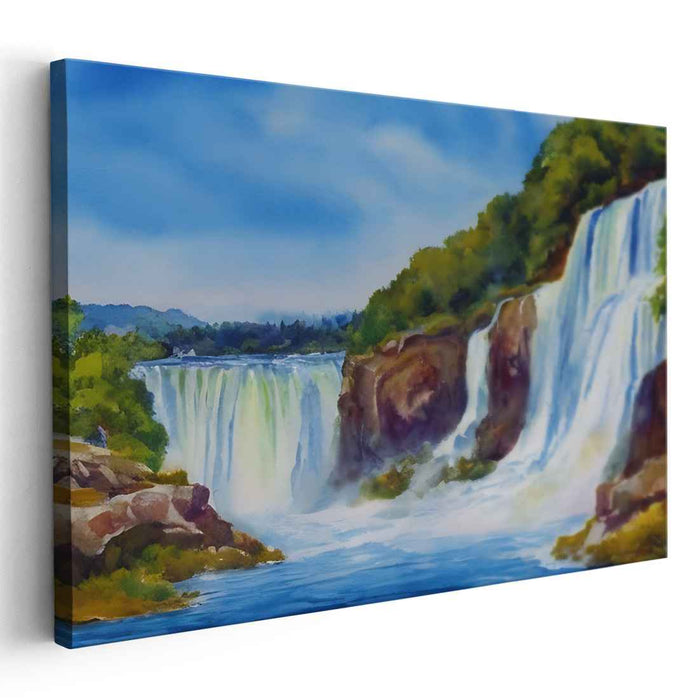 Whispering Cascade Oasis: Serene Waterfall Landscape Canvas Art