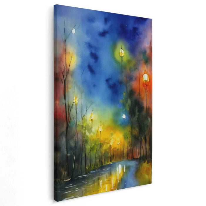 Lanterns of Serenity: Impressionist Twilight Reflections Watercolor Canvas Art