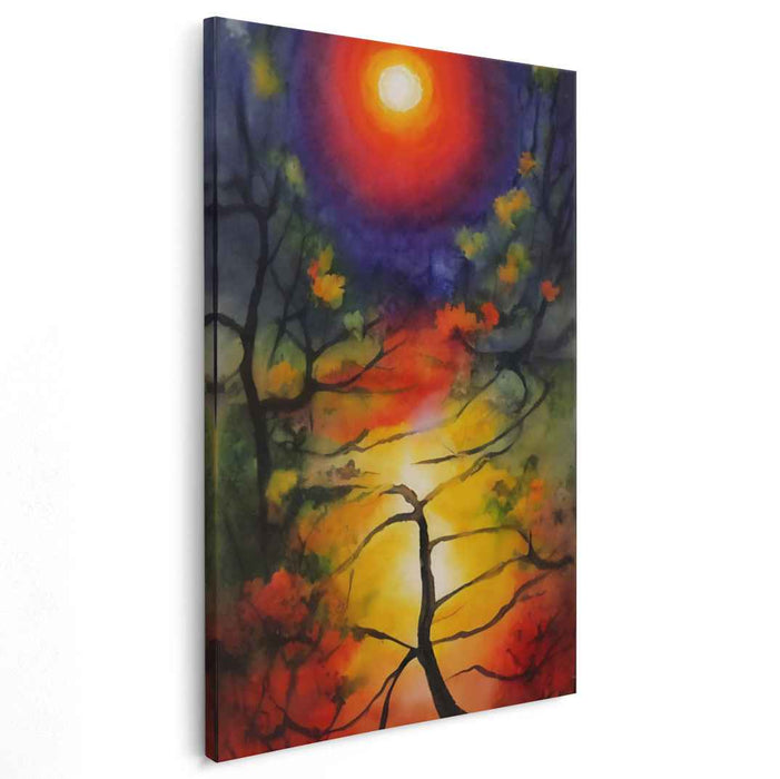 Radiant Eclipse: Mystical Forest Sunset Watercolor Canvas Art