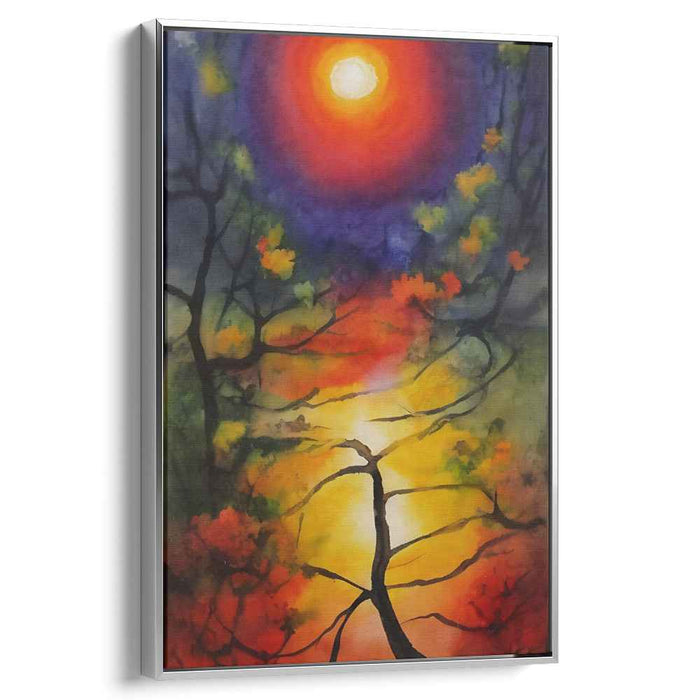Radiant Eclipse: Mystical Forest Sunset Watercolor Canvas Art
