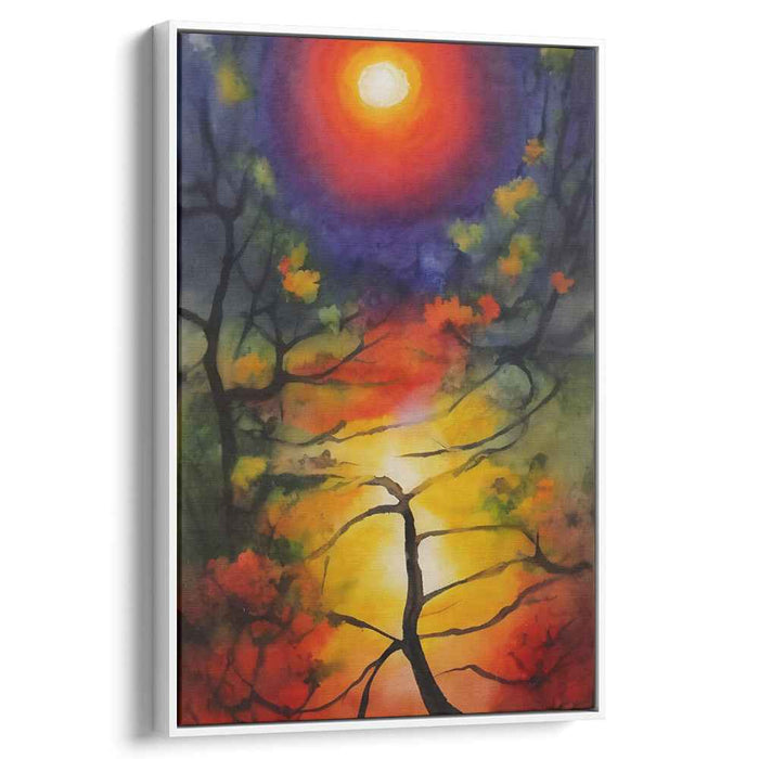 Radiant Eclipse: Mystical Forest Sunset Watercolor Canvas Art