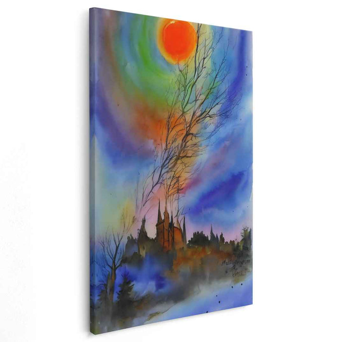 Ethereal Flame Fortress: Surreal Gothic Castle Under a Fiery Sun