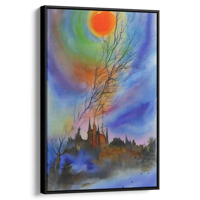 Ethereal Flame Fortress: Surreal Gothic Castle Under a Fiery Sun