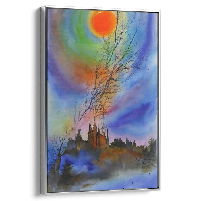 Ethereal Flame Fortress: Surreal Gothic Castle Under a Fiery Sun