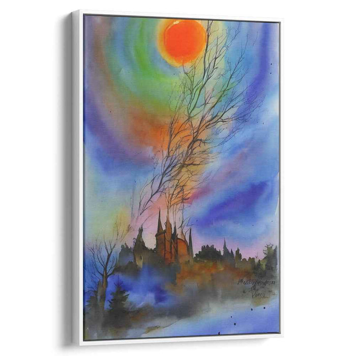 Ethereal Flame Fortress: Surreal Gothic Castle Under a Fiery Sun