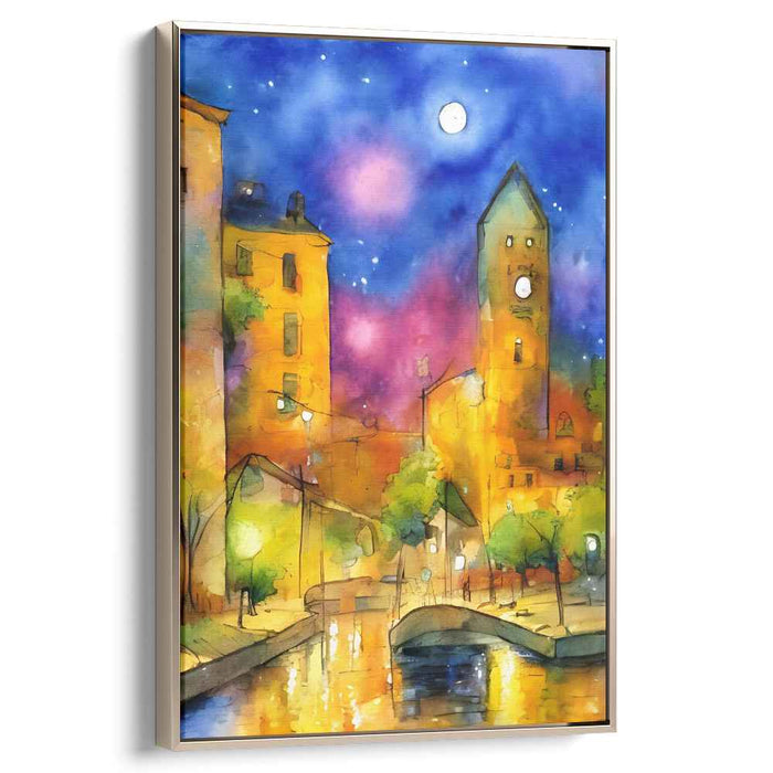 Moonlit Tranquility: European Nightscape Watercolor Canvas Art Print