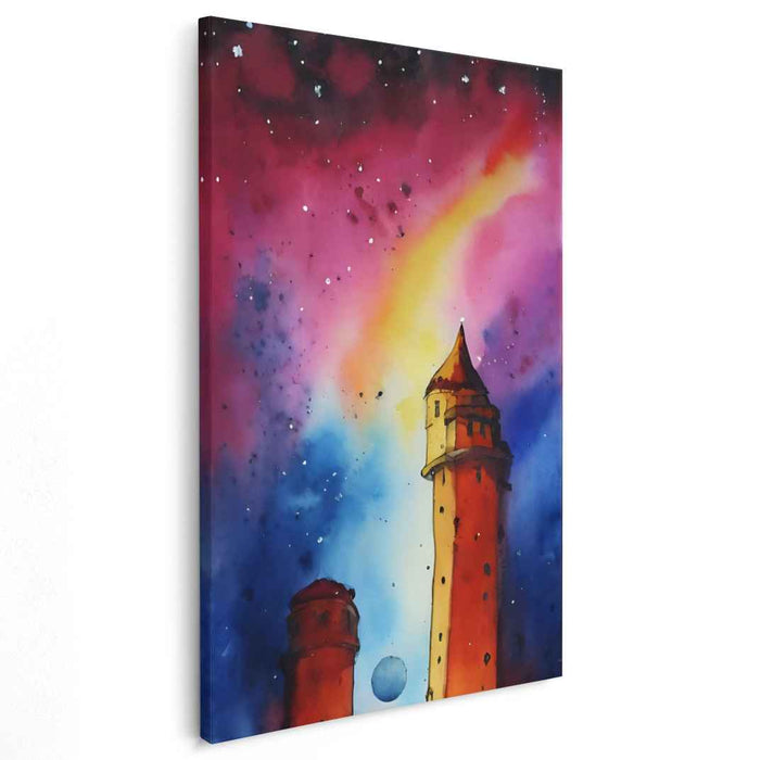 Galactic Towers: Surreal Watercolor Night Sky Canvas Art Print