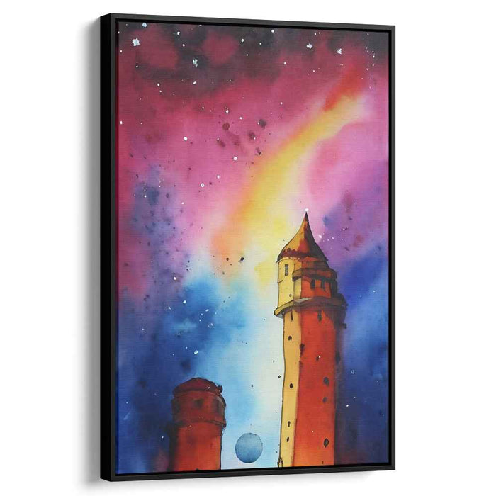 Galactic Towers: Surreal Watercolor Night Sky Canvas Art Print