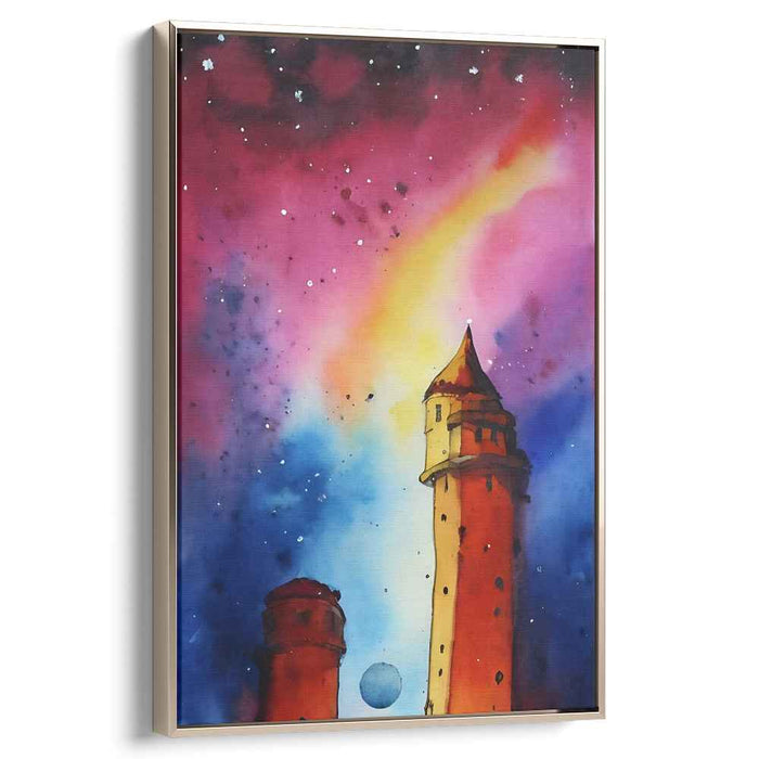 Galactic Towers: Surreal Watercolor Night Sky Canvas Art Print