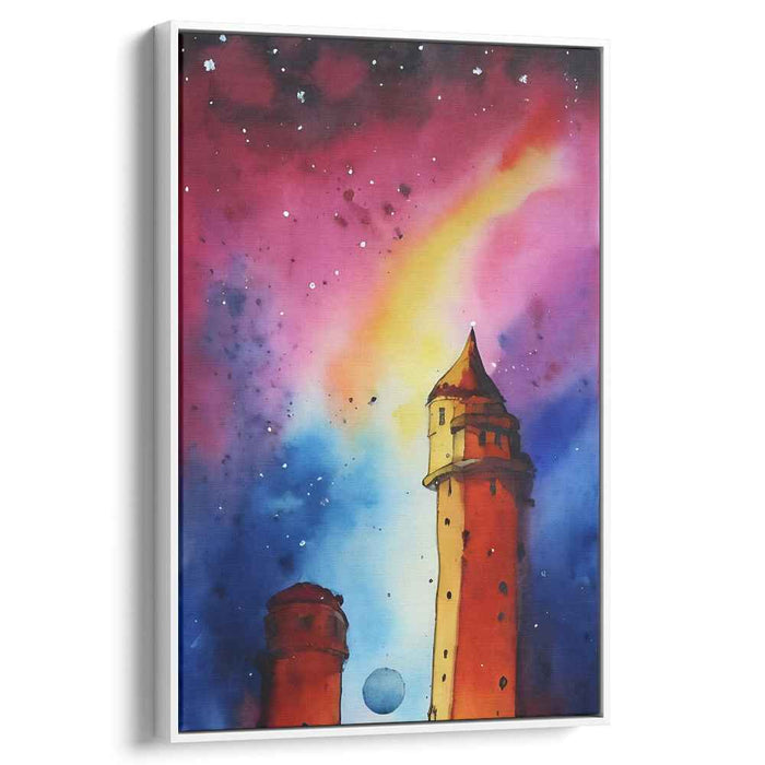 Galactic Towers: Surreal Watercolor Night Sky Canvas Art Print