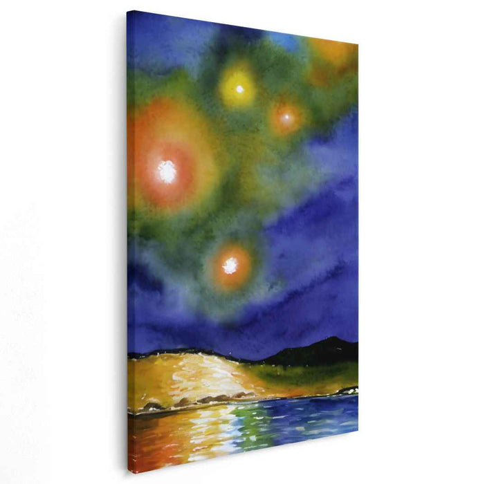 Mystical Night: Ethereal Orbs Over Tranquil Waters Canvas Art Print