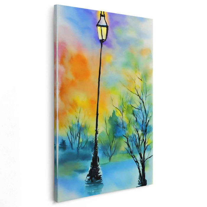 Dewy Glow in Urban Oasis: Watercolor Streetlamp in Misty Landscape Canvas Art Print