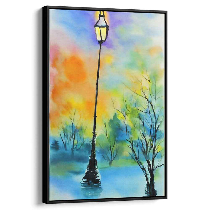 Dewy Glow in Urban Oasis: Watercolor Streetlamp in Misty Landscape Canvas Art Print