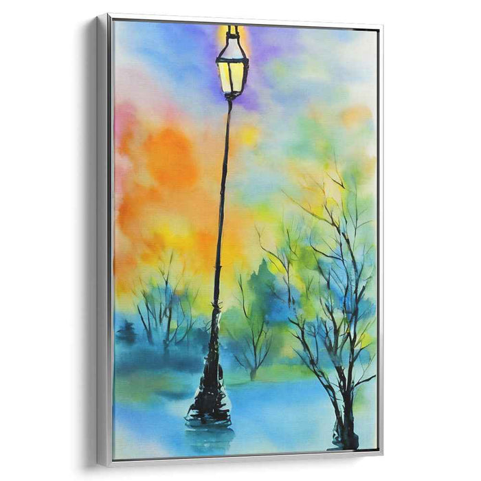 Dewy Glow in Urban Oasis: Watercolor Streetlamp in Misty Landscape Canvas Art Print