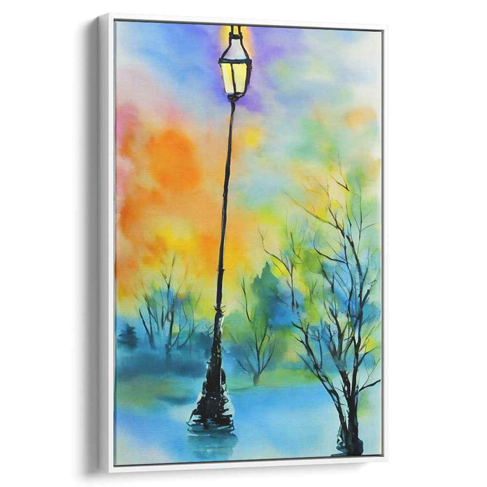 Dewy Glow in Urban Oasis: Watercolor Streetlamp in Misty Landscape Canvas Art Print