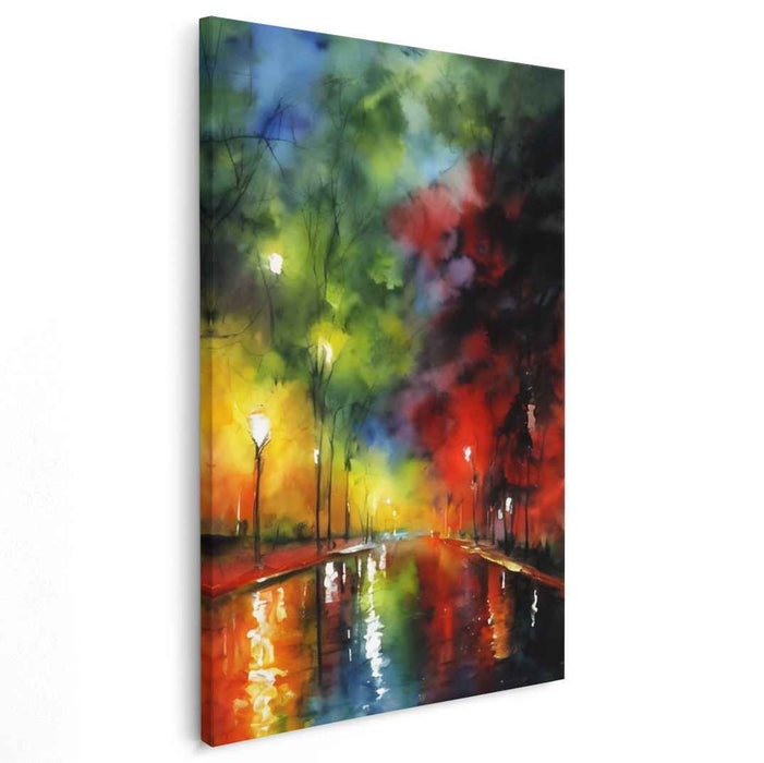 Dreamlike Reflections: Vibrant Watercolor Night Street Scene