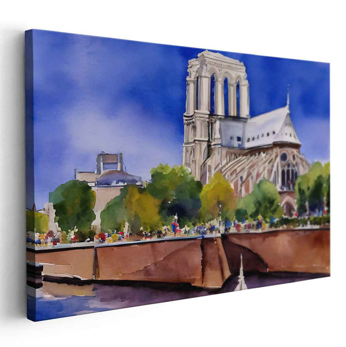 Cathedral's Watercolor Aura: Watercolor Impression of Notre Dame Cathedral