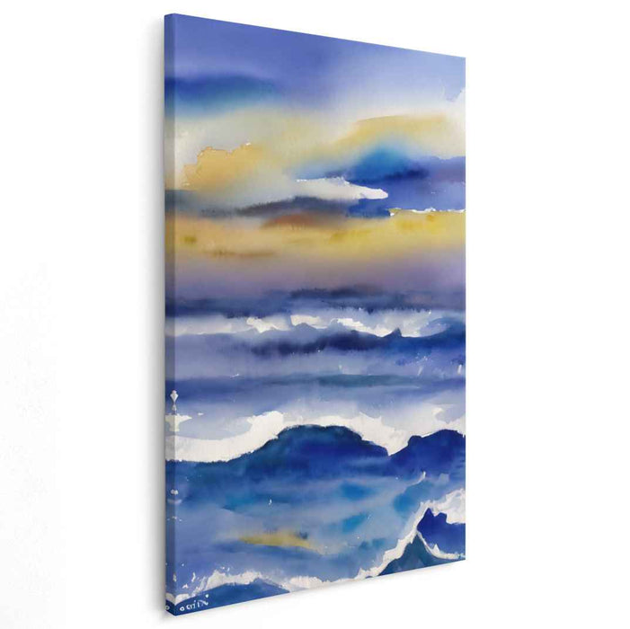 Aqua Horizon Depths: Watercolor Ocean Landscape Canvas Art Print