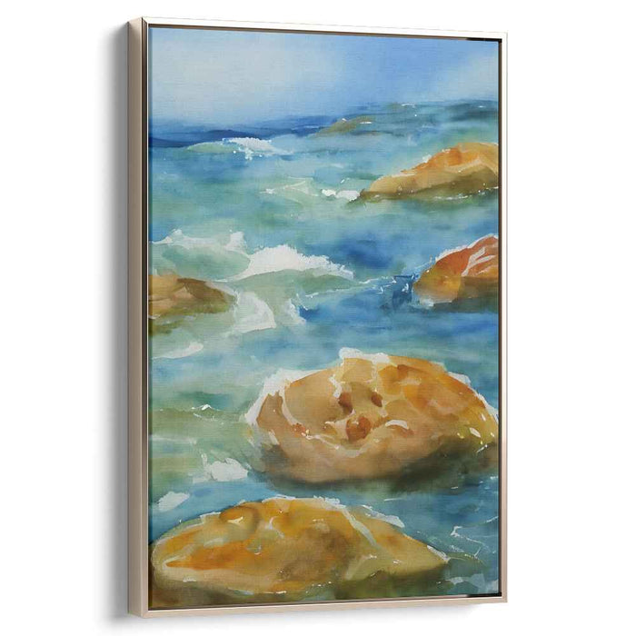 Coastal Ebb Tones: Watercolor Ocean and Rocks Canvas Art Print