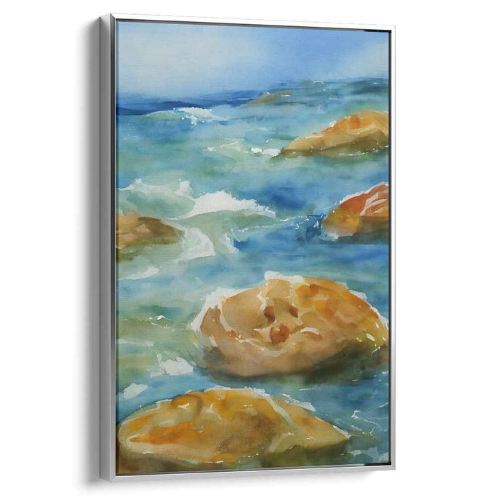 Coastal Ebb Tones: Watercolor Ocean and Rocks Canvas Art Print