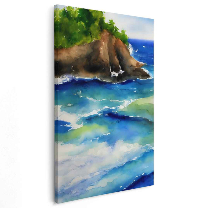 Whispering Waves Serenity Mirage: A Tranquil Seaside Watercolor Canvas Art
