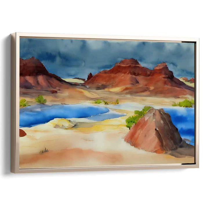 Crimson Cliff Symphony: Watercolor Landscape of Red Rocks and Blue Waters