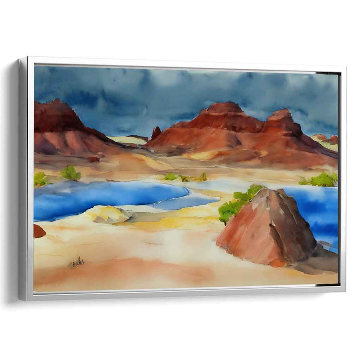 Crimson Cliff Symphony: Watercolor Landscape of Red Rocks and Blue Waters