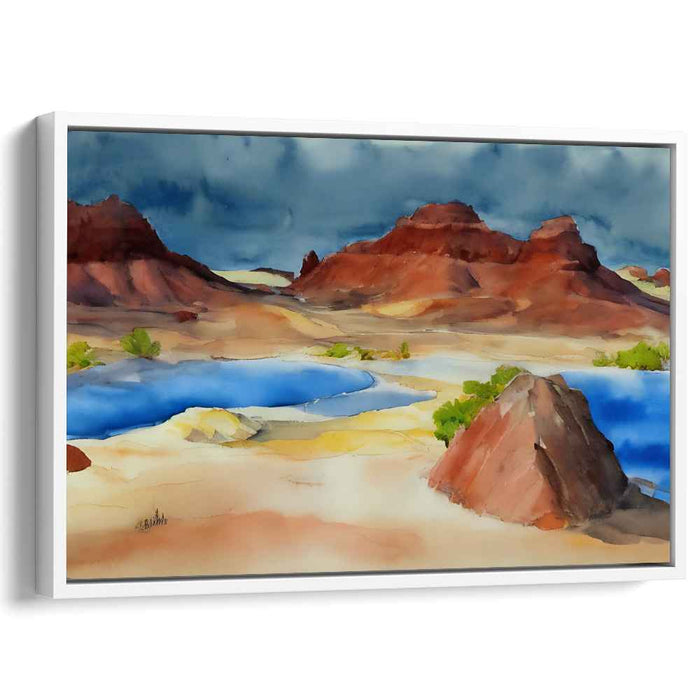 Crimson Cliff Symphony: Watercolor Landscape of Red Rocks and Blue Waters