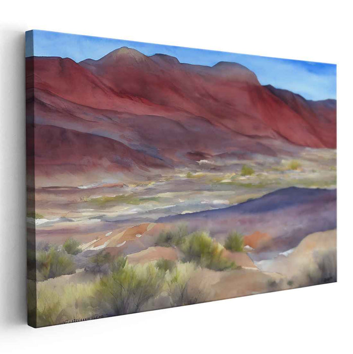 Crimson Tranquil Peaks Whisper: Serene Red Mountain Landscape Watercolor Art