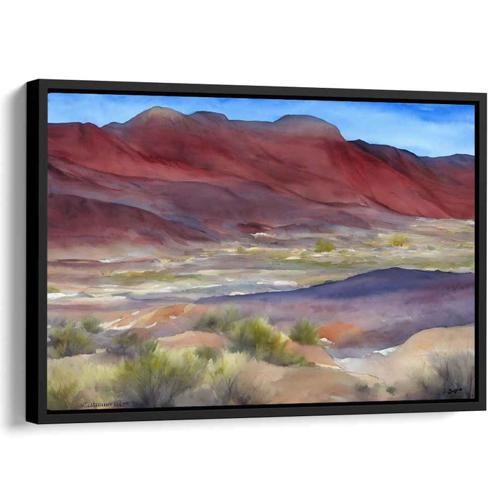 Crimson Tranquil Peaks Whisper: Serene Red Mountain Landscape Watercolor Art