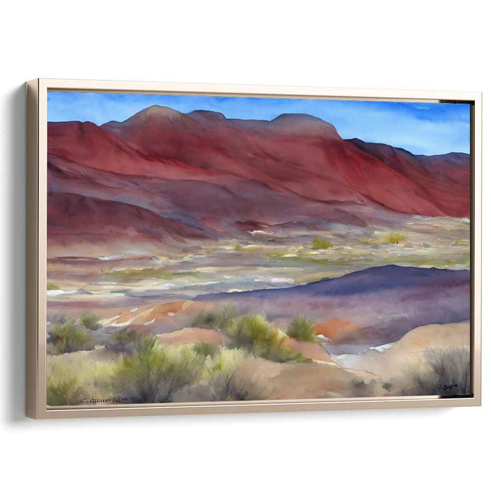 Crimson Tranquil Peaks Whisper: Serene Red Mountain Landscape Watercolor Art